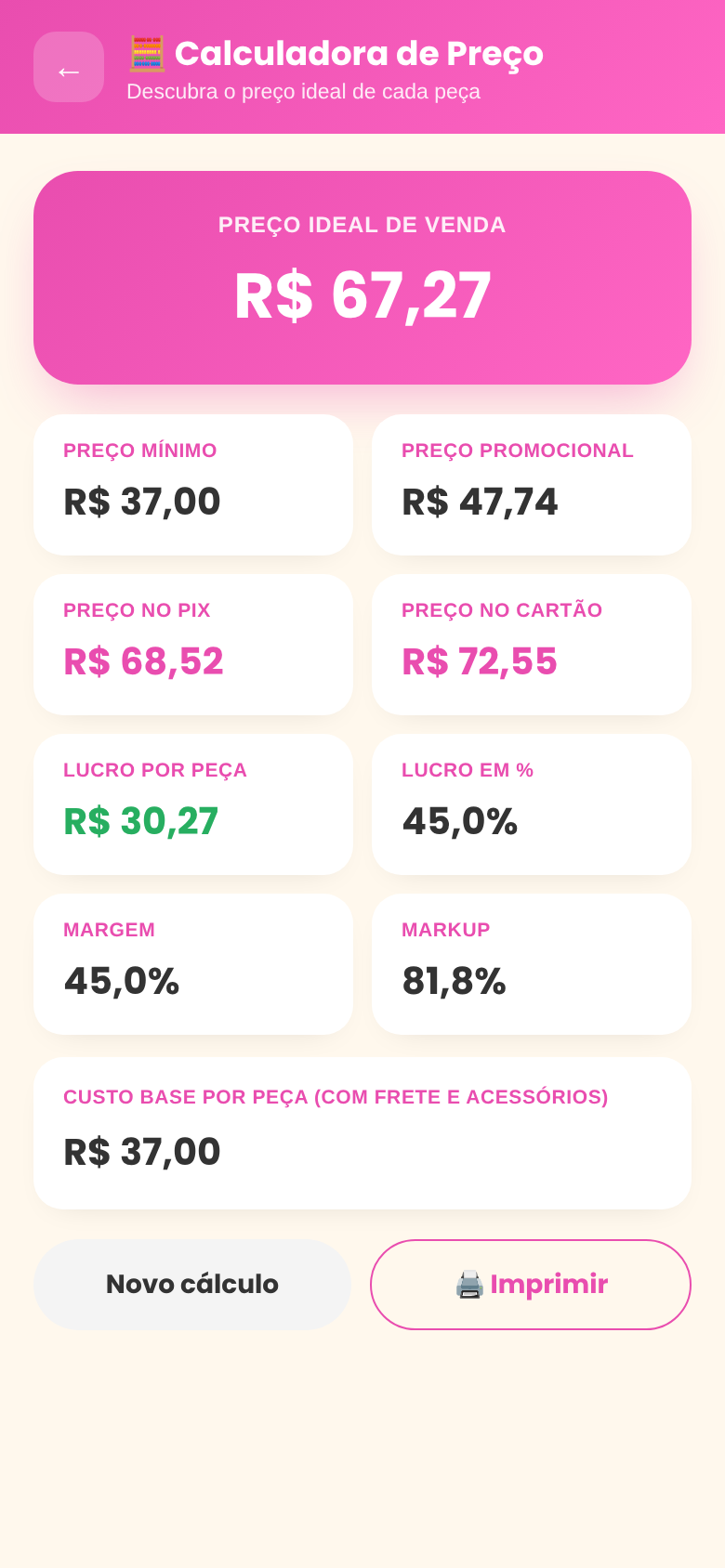 Tela da Calculadora de Preço mostrando o resultado do cálculo
