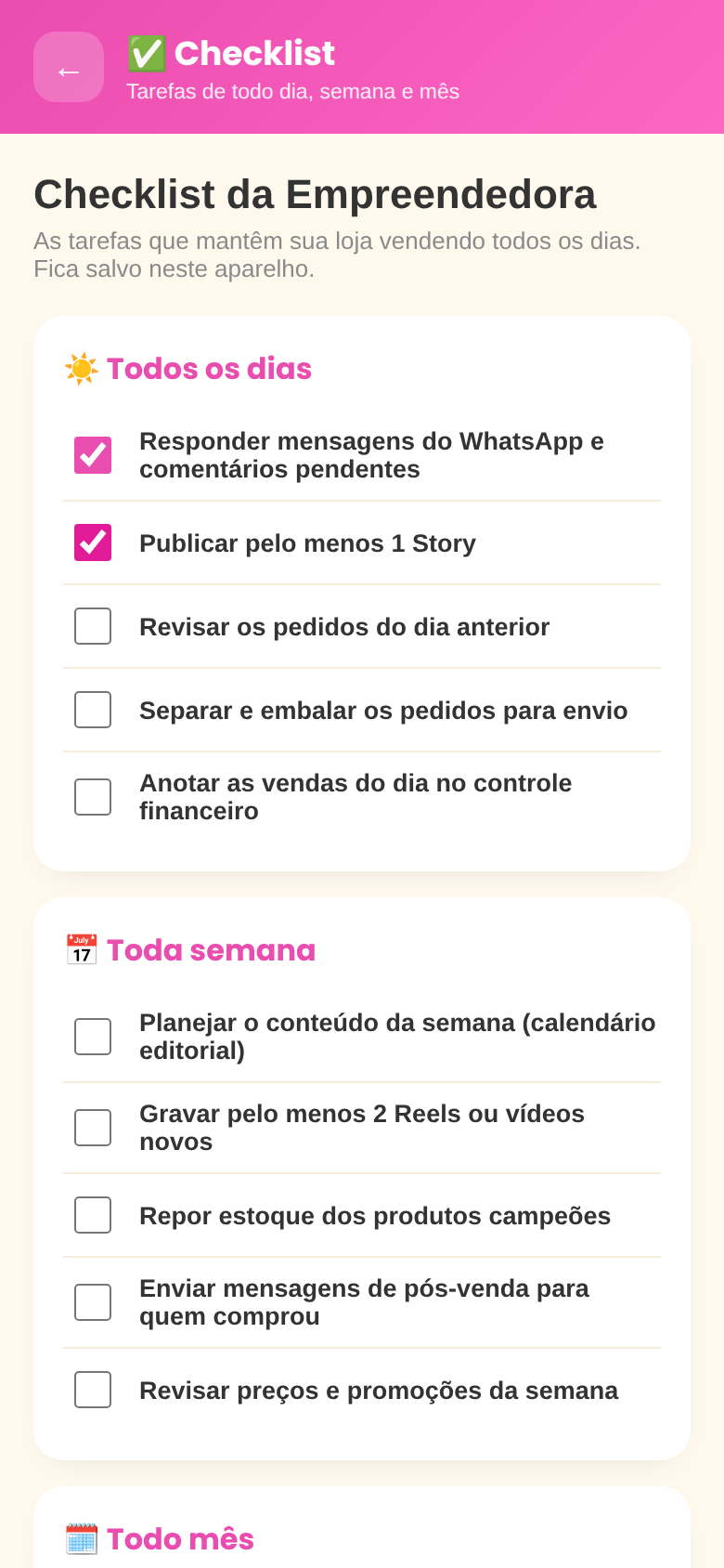 Tela do Checklist da Empreendedora com tarefas diárias, semanais e mensais