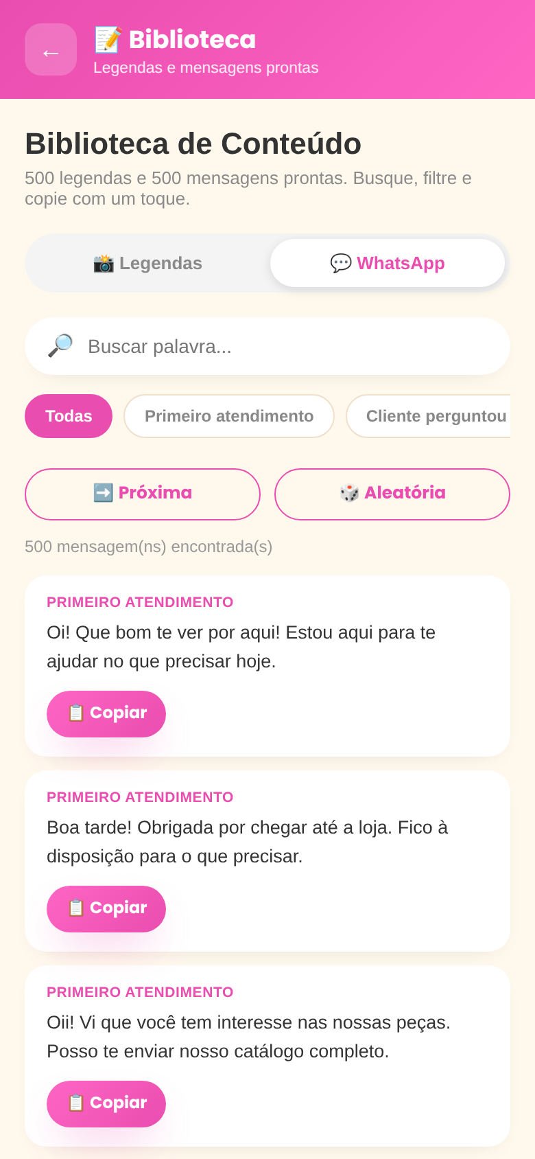 Tela da Biblioteca de Mensagens para WhatsApp