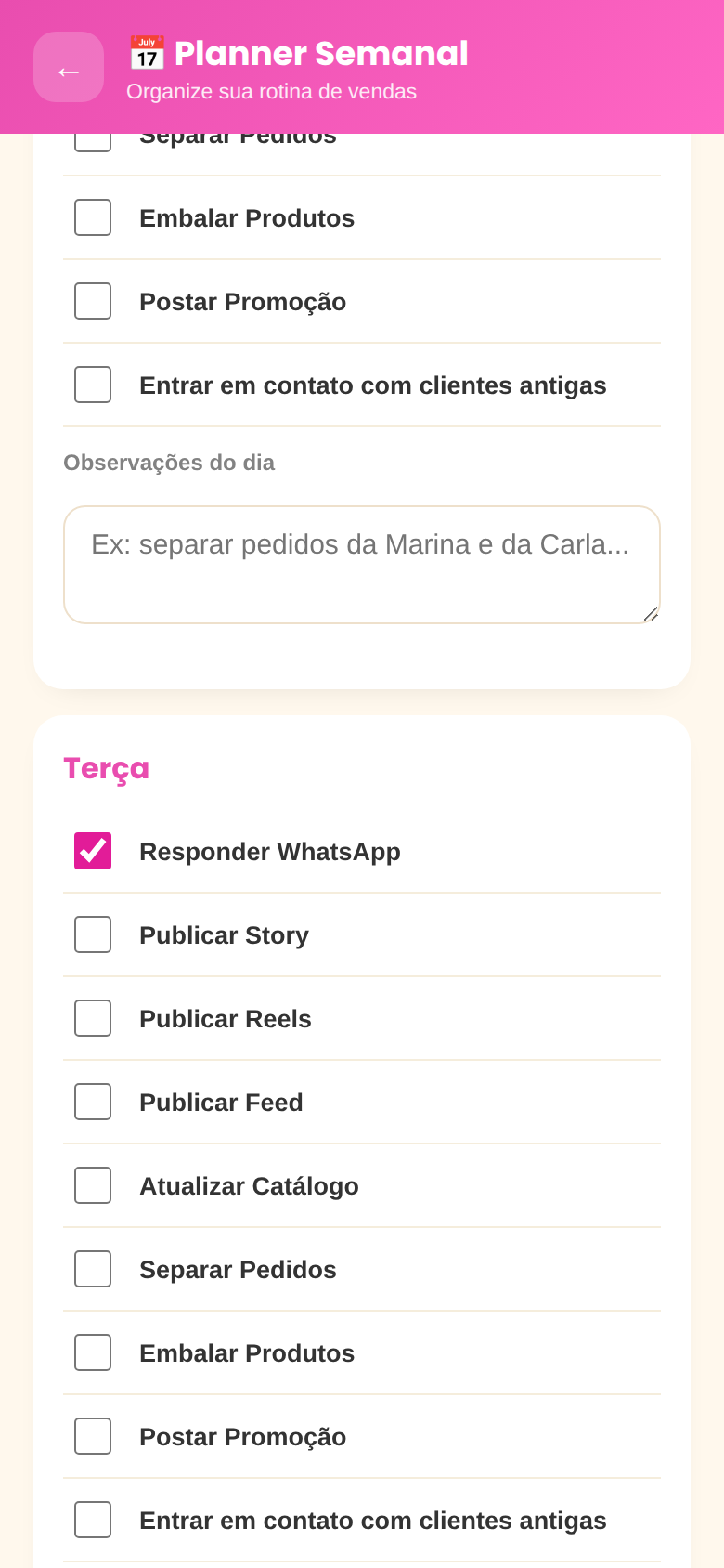 Tela do Planner Semanal com tarefas marcadas