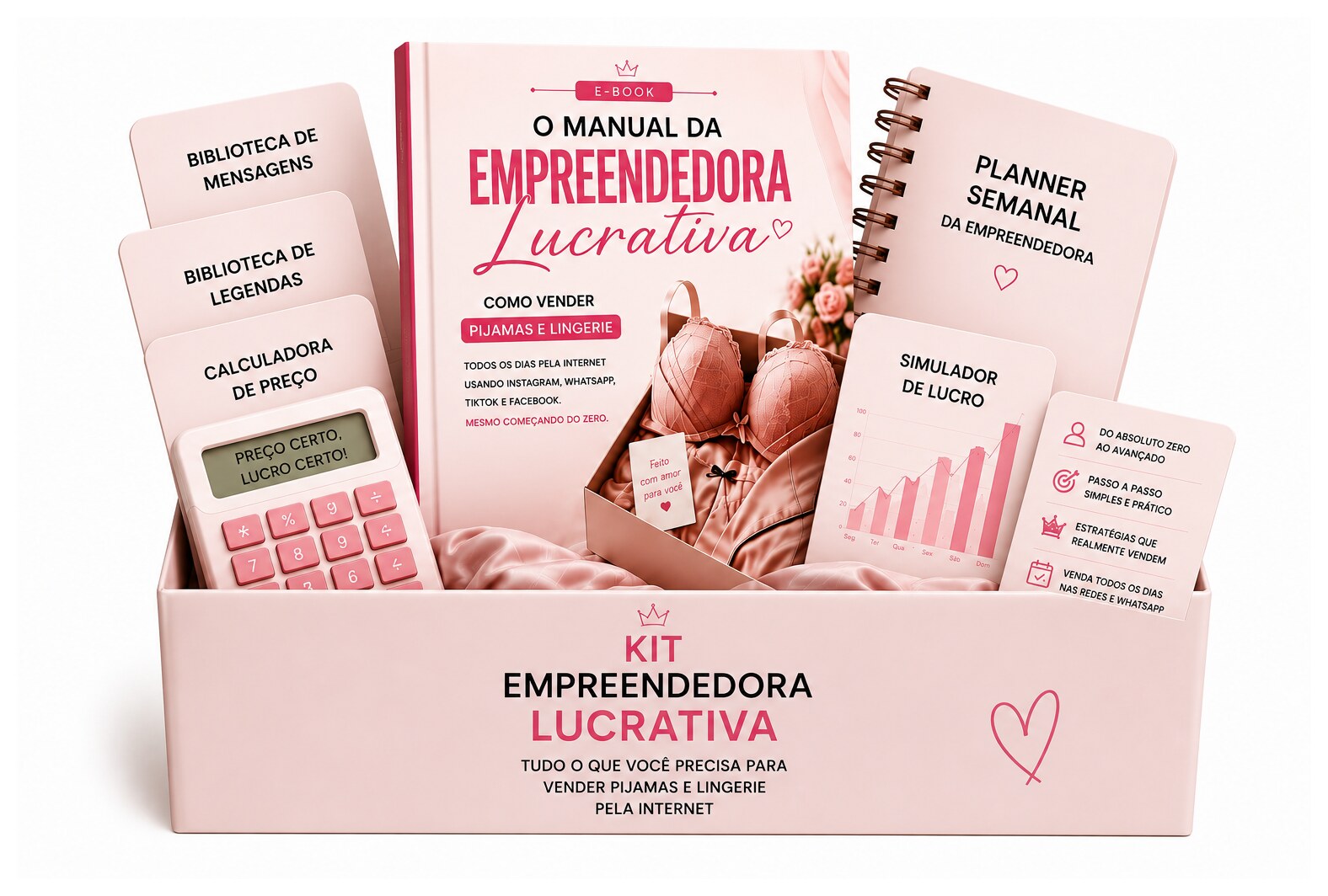 O Manual da Empreendedora Lucrativa e o Kit de Ferramentas Bônus: planner, calculadora, simulador e biblioteca de legendas e mensagens